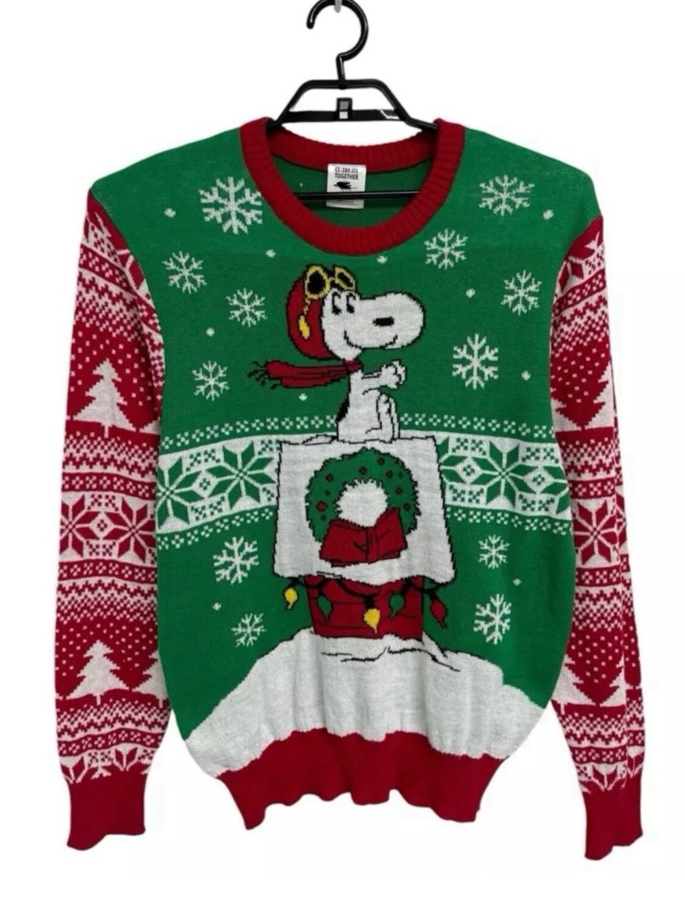 Peanuts Snoopy Christmas Sweater Mens Large Green Red Ugly Holiday red Barron